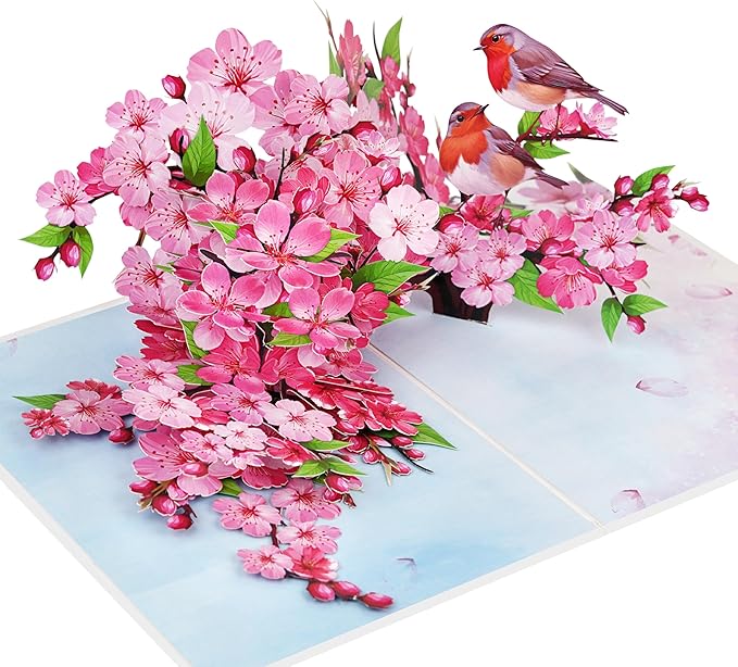 Robins Couple w Cherry Blossom Pop Up Anniversary Cards, 6x8in Wedding Anniversary Card, Valentines Day Card, 3D Gift Card for Her, Him, Husband, Wife (Cherry Blossom Robins Couple)