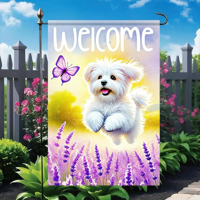 BlissYard Welcome Spring Summer Garden Flag Maltese Dog Floral Welcome Garden Flag 12x18 Inch Double Sided Yard Flags Spring Outdoor Decorative Flags for Lawn Patio Porch
