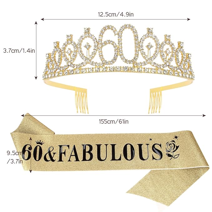 Casoty 60th Birthday Sash and Tiara for Women, Gold Crown 60 and Fabulous Sash & Crown Set, 60th Birthday Gifts for Women, 60th Birthday Decorations Women