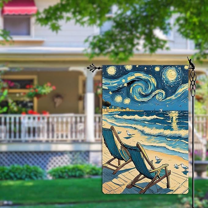 Welcome Summer Ocean Lounge Chair Garden Flag Starry Night Garden Flag Seagull Vertical Double Sided Rustic Farmland Burlap Yard Lawn Outdoor Decor 12.5x18"