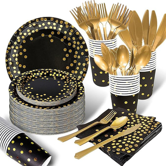 AIRE 175PCS Black and Gold Paper Plates Party Supplies for 25 Guests Disposable Party Decorations Dinnerware Golden Dot Black Paper Plates Napkins Cups Gold Plastic Forks Knives Spoons for Parties