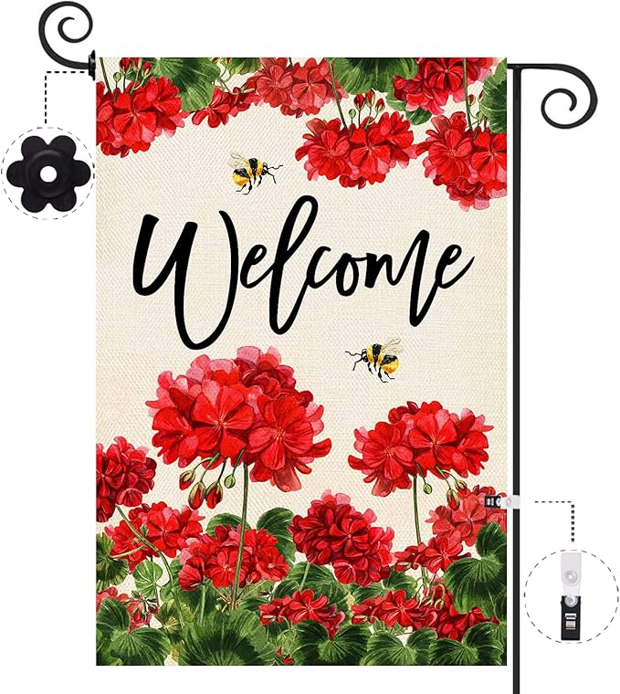 Baccessor Spring Summer Geranium Welcome Garden Flag Double Sided Summer Bee Red Floral Small Burlap Yard Flag House Seasonal Farmhouse Outside Outdoor Decoration 12.5 x 18 Inch
