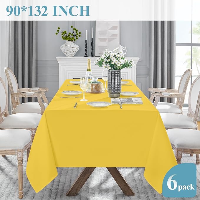 VidaFete Tablecloth 6 Pack 90 * 132inch Rectangle Table Cloth Polyester, Stain Wrinkle Resistant Polyester Dining Table Cover for Kitchen Dinning Party Wedding Rectangular Buffet Decoration(Yellow)