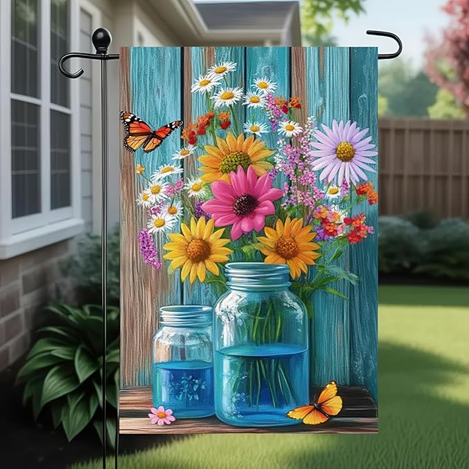 BlissYard Welcome Spring Garden Flag Double Sided 12x18 Inch Spring Summer Garden Flags Wildflowers In Mason jars Spring Garden Flag Seasonal Rustic Yard Lawn Holiday Outdoor Decor Banner