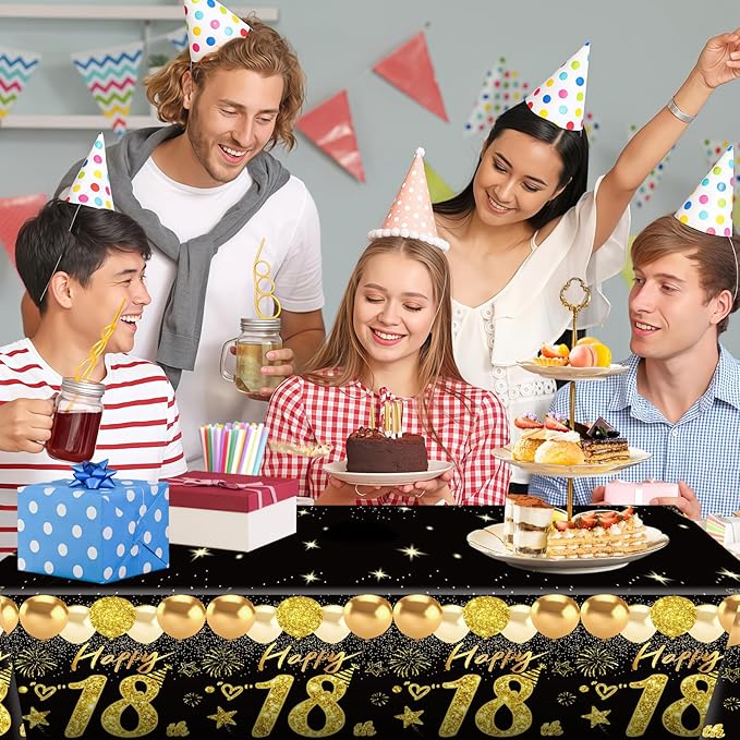 2pcs 18th Birthday Tablecloth, Black Gold 18th Birthday Decorations for Boys Girls Vintage 2008 Table Cloth Plastic Rectangular Table Cover Happy 18 Anniversary Party Supplies