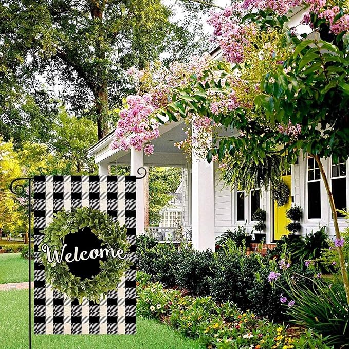 Baccessor Boxwood Wreath Welcome Garden Flag Double Sided, Buffalo Plaid Check Winter Spring Yard Flag Burlap, Small Farmhouse Rustic Flags for Outdoor Outside Decor 12.5 X 18 Inch