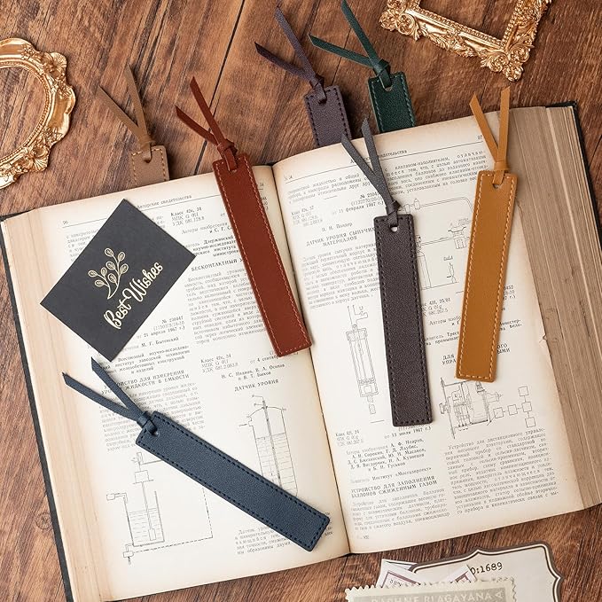 6 Pcs Leather Bookmark with Tassel, Classic Style Bookmark, 0.05 Inches Thin Handmade Stitched Bookmarks for Men, Book Marks for Reading, Gifts for Book Lovers, Readers (Dark Retro)