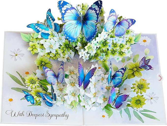 Flowers w Butterflies Pop Up Sympathy Cards with Envelopes, Sorry for Your Loss Card, Religious Pop Up Sympathy for Loss of Loved one, Mother, Father, Husband (Size 6x8 in – Sympathy)