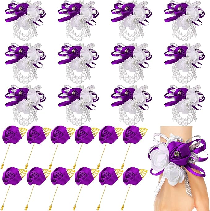 Tigeen 24 Pcs Wrist Corsage and Men's Boutonniere Set for Wedding Wristlet Corsage Hand Flower for Mother of Bride, Bridal, Bridesmaid Suit Decorations (Purple)