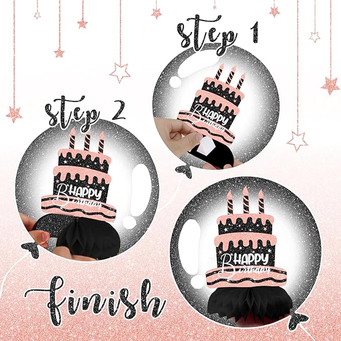 Black and Pink Birthday Decorations – 12Pcs Honeycomb Table Centerpieces for Women or Girls, Elegant Pink Black Party Table Toppers for Birthday Celebration