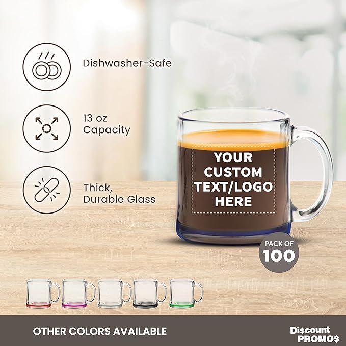 Custom Clear Glass Coffee Mugs 13 oz. Set of 100, Personalized Bulk Pack - Perfect for Coffee, Tea, Espresso, Hot Cocoa, Other Beverages - Blue Bottom