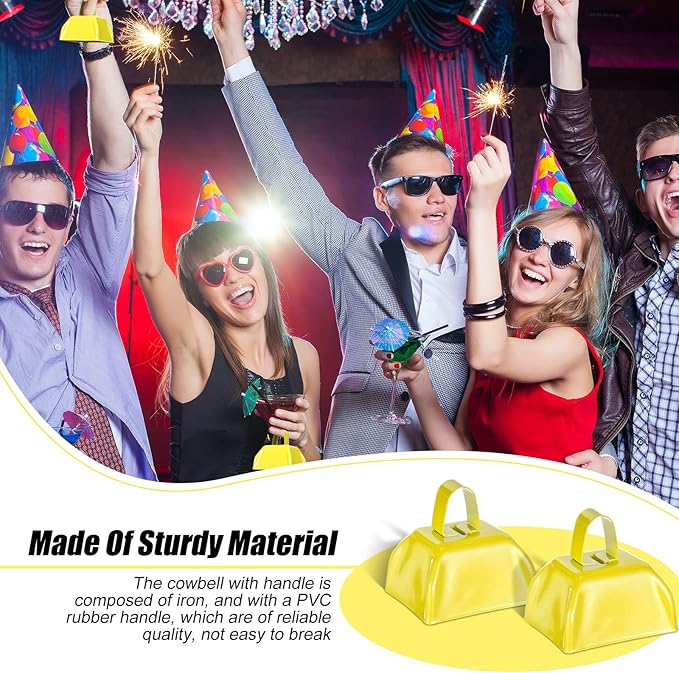 Yeshone 24 Pcs Metal Cowbell with Handle Cow Bells Noise Makers for Sporting Events Small Loud Noisemaker Cow Bell for Wedding Cheering Football Games, 3 x 2.8 x 2.5 Inch(Yellow)