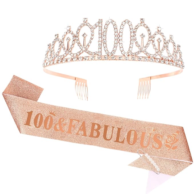 Casoty asoty Rose Gold 100th Birthday Sash and Tiara, 100th Birthday Decorations for Women, 100 & Fabulous Sash and Crown Set, Party Supplies for Women Gifts for Her