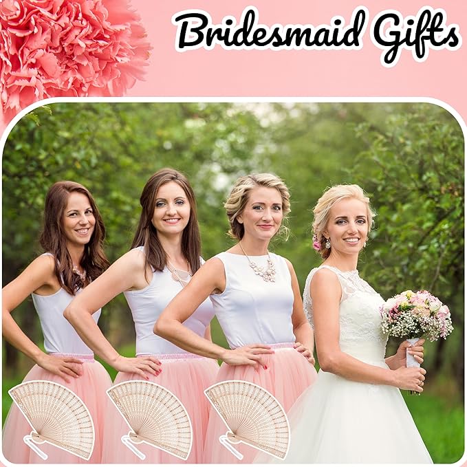 MBDFUT 110Pcs Custom Sandalwood Wedding Fans with Organza Bags, Foldable Hand Fans for Women, Personalized with Text/Date, Wedding Party Favors for Guests