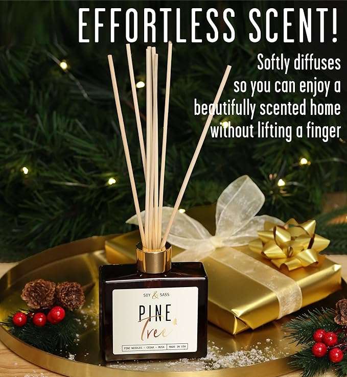 Pine Reed Diffuser, 'Pine Tree' - w/Balsam Fir, Cedar & Citrus I Infused w/Essential Oils I Christmas Diffuser Decor I 3.75 OZ Oil I Long-Lasting Scent Lasts 4-6 Month's I Made in The USA