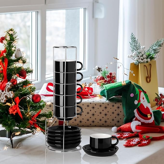 Sweejar Ceramic Espresso Cups Set of 6, Espresso Cup Stackable, 4 Oz Stackable Cappuccino Cups with Saucers and Metal Stand for Coffee Drinks, Americano, Latte, Tea (Black)