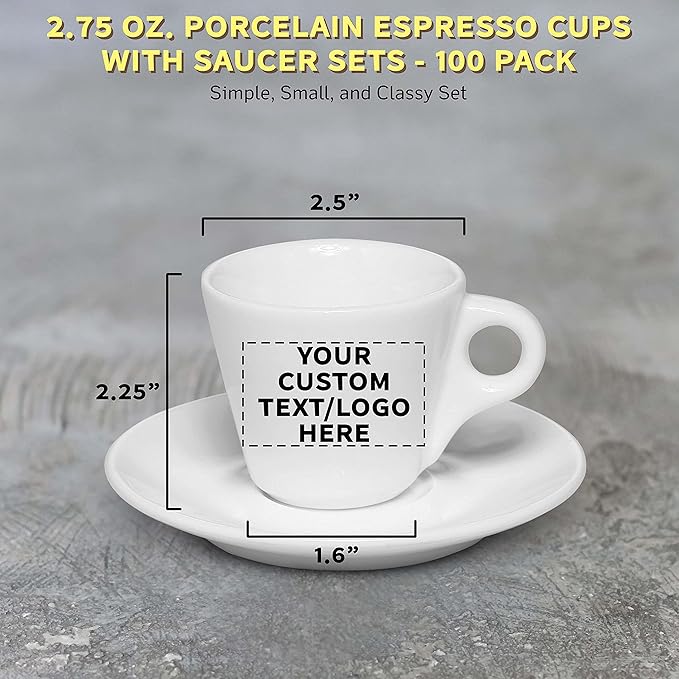 Custom Espresso Cups with Saucer 2.75 oz. Set of 100, Personalized Bulk Pack - Perfect for Espresso, Tea, Other Beverages - White