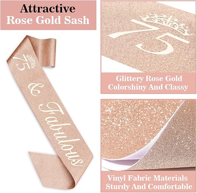 75th Birthday Decorations for Women Including Sash, Crown/Tiara, Candles and Cake Topper, Rose Gold 75 Birthday Gifts Party Favor Supplies