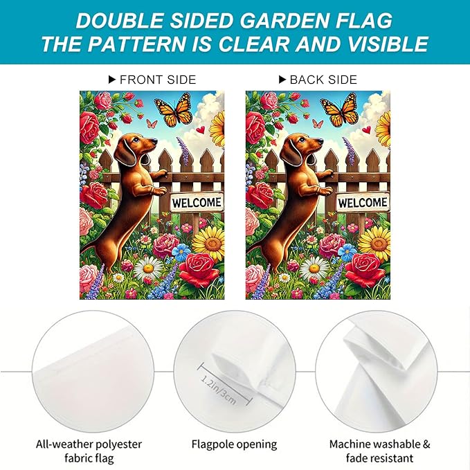 HOMETITUTE Welcome Garden Flag Spring Summer Dog Garden Flag 12x18 Inch Double Sided Flags Dachshund Puppy Floral Fence Butterfly Outdoor Yard Lawn Porch Decor Banner