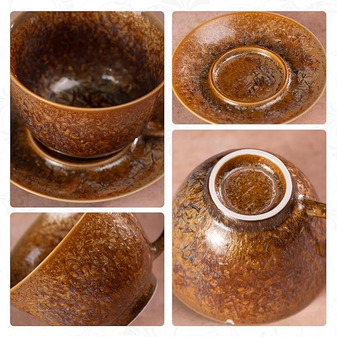 KAMMAK Tea Cups and Saucers Set of 2, Porcelain Coffee Cups, 4.3oz Crystalline Glaze Espresso Mugs, Ceramic Demitasse for Coffee, Cappuccino, Latte, Americano, Tea (Golden Crystal)