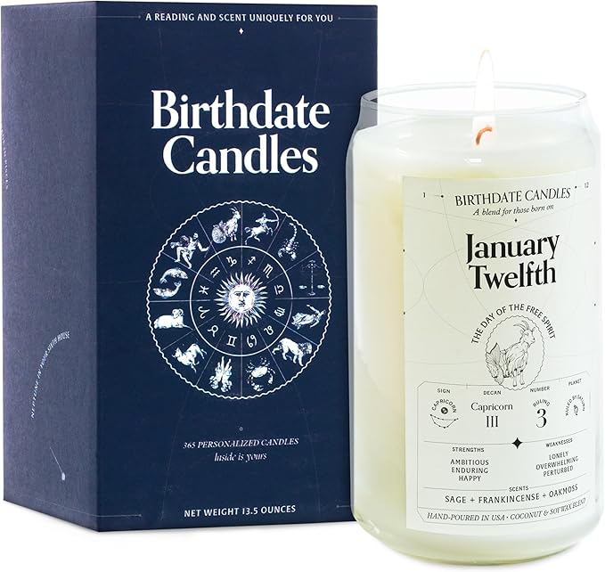 Birthdate Candles, January 12 - Capricorn Zodiac Scented Candles Birthday Gift - Sage, Frankincense & Oakmoss Scent - All-Natural Soy & Coconut Wax, 60-80 Hour Burn Time - Made in USA