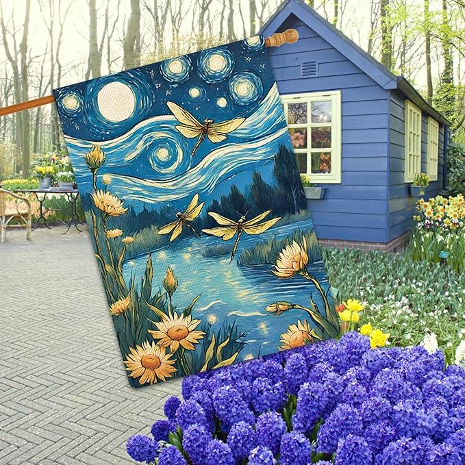 Welcome Summer Dragonfly Garden Flag Starry Night Garden Flag Small Flowers Vertical Double Sided Rustic Farmland Burlap Yard Lawn Outdoor Decor 28x40"