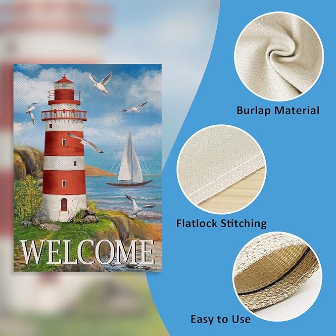 Covido Spring Summer Lighthouse Garden Flag, Coastal Seagull Birds Yard Beach Nautical Sailboat Outside Decoration, Ocean Outdoor Small Burlap Decor Double Sided 12 x 18