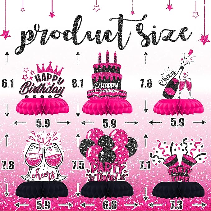 Hot Pink and Black Birthday Decorations – 12PCS Honeycomb Table Centerpieces for Girls Teens Women – Happy Birthday Table Decor Party Supplies