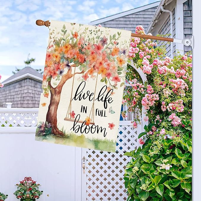 Baccessor Spring Summer House Flag, Flower Tree Swing Butterflies Floral Large Yard Flag for Outside Double Sided Burlap Outdoor Porch Decor 28 x 40 Inch