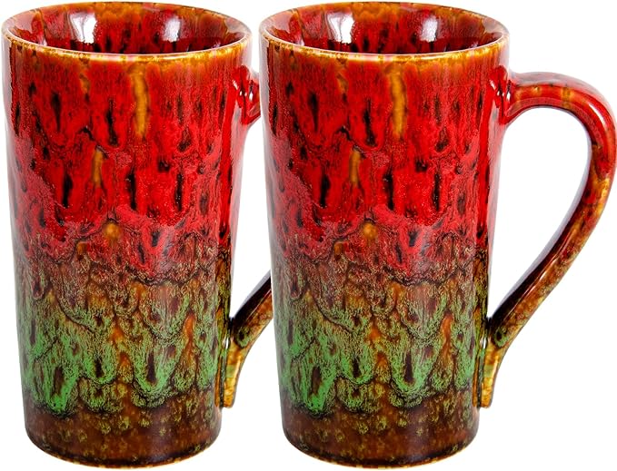 20oz Porcelain Coffee Mugs Set of 2, Large Tall Coffee Mugs with Handles, Modern Ceramic Coffee Cups for Tea, Cocoa, Milk, Gifts for Women Men - Red & Green