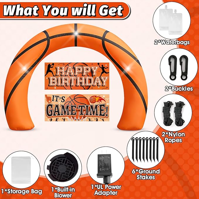 8FT Giant Basketball Inflatable Arch, Basketball Party Decorations with Game Day Banner 1Blower & Built-in 3LED Lights for Team Coach Stadium Photos Backdrop Senior Night & Birthday Blow-Up Decor