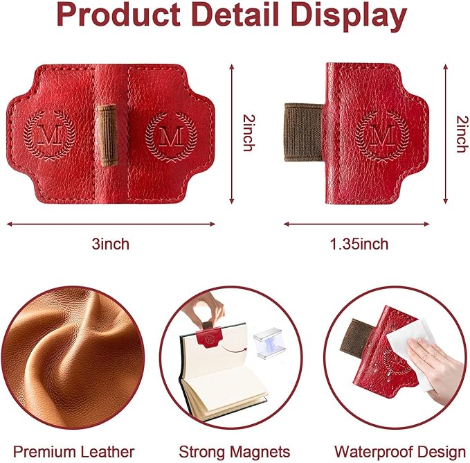 BygoneMark Magnetic Leather Bookmark with Pen Holder, Personalized Custom Initial Page Marker & Pen Clip, Professional Book Accessory for Students (Red-C)
