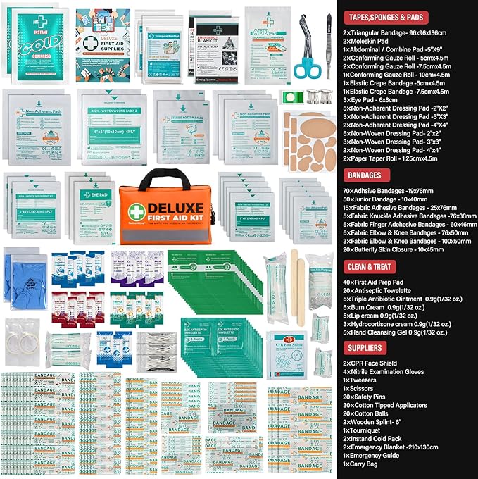 380 Pieces Deluxe First Aid Kit Compact Trauma Medical Kits with Assorted Bandages, Instant Cold Pack, Emergency Blanket for Home, Travel, Camping, Vehicle, Emergency Kits(Orange)