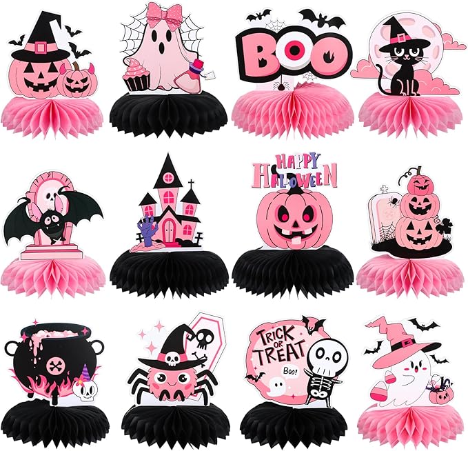12PCS Halloween Table Decorations Pink Black Halloween Centerpieces for Tables Cute Ghost Honeycomb Centerpiece Summerween Decor for Halloween Party Baby Shower Girls Birthday Supplies