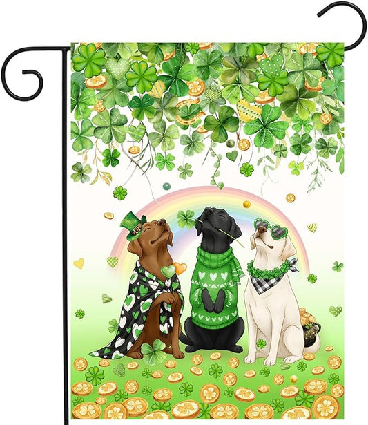 St Patricks Day Dog Garden Flag 12x18 Double Sided Outside White Chocolate Black Lab Yard Signs Labrador Banner for Saint Patrick Spring Outdoor Decorative