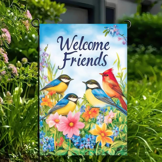 BlissYard Welcome Spring Garden Flag 12x18 Double Sided Birds and Flowers Yard Flags Welcome Friends Garden Flags Decorative Outside Outdoor House Spring Summer Decoration for Outdoor Lawn Patio