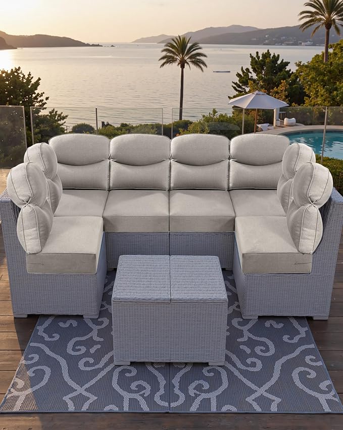 Luxury 24x24x6 Outdoor Couch Cushions Set of 3 - Water-Repellent 8-Piece Cushion Set for Outside Rattan Wicker 3-Seat Sofa Loveseat Chair Sectional Patio Conversation Sets - Beige/Smile