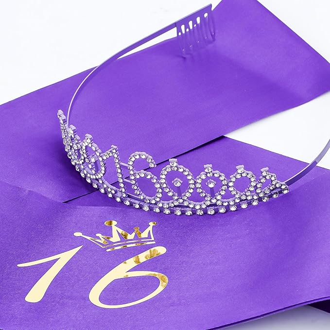 Casoty Purple 16th Birthday Sash and Tiara for Girls, Sweet 16 Party Decorations, Sweet 16 Sash and Tiara Set, 16th Birthday Decorations for Girls
