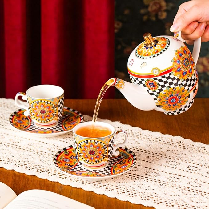KAMMAK Tea Set for Adults Ceramic Tea Pots and Tea Cup Set, Colorful Tea Cups and Saucers Set for Afternoon Tea, Party, Home, Office, Mordern Porcelain Tea Set with Gold Rim（Chessboard Pattern）