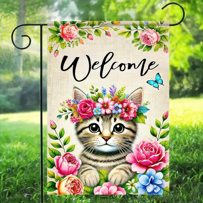 Spring Summer Garden Flag 12x18 Double Sided Floral Crown Cat Garden Flag for Outside Small Burlap Welcome Yard Flag Farmhouse Outdoor Decorative Flag