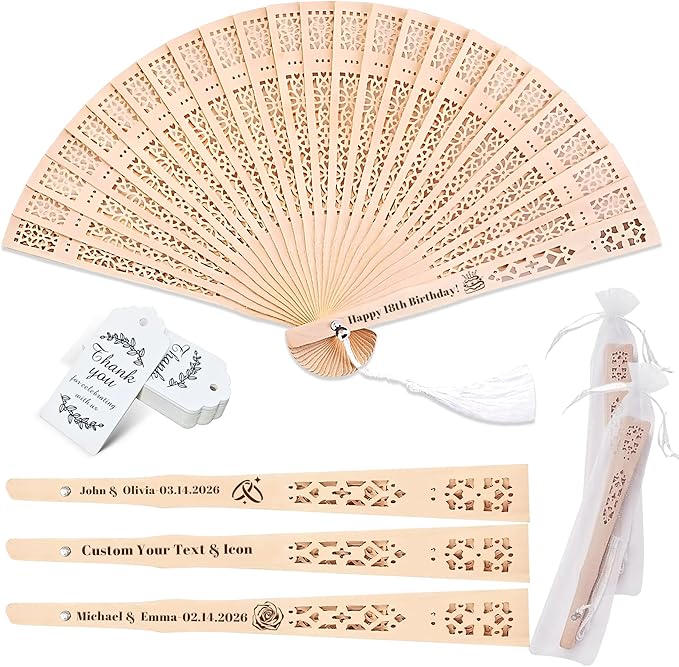 30 Pcs Personalized Sandalwood Wood Handheld Folding Fans with Organza Bags Wedding Fans Custom Name Text Icon Gift for Wedding Graduation Party Guests Baby Shower (30)