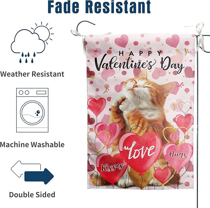 Orange Cat Valentine Garden Flag Valentines Day Flags for Outside 12x18 Double Sided Small Yard Flags Cat Valentine's Day Decor Outdoor Lawn Valentines Banners Front Porch