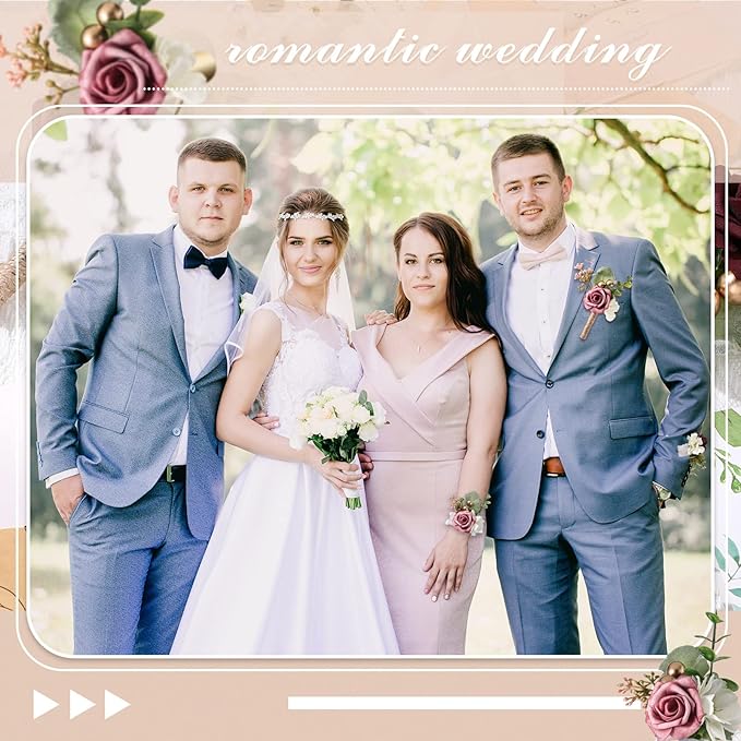 Tigeen 24 Pcs Dusty Rose Wrist Corsage Boutonniere Set, Handmade Bridal Bridesmaid Wrist Flower Boutonniere Set for Wedding Party Prom Suit Decoration