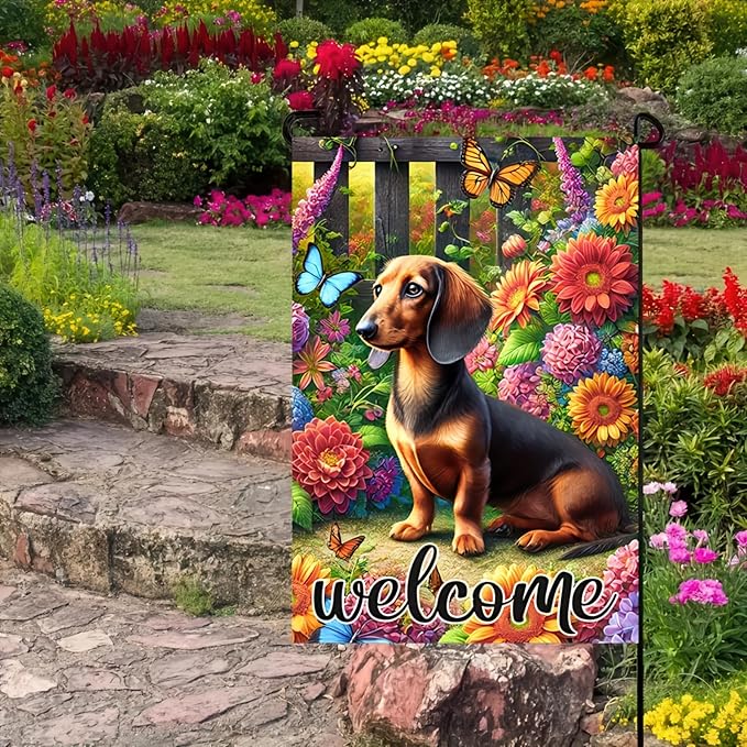 BlissYard Welcome Garden Flag Spring Summer Garden Flag 12x18 Inch Double Sided Dachshund Dog Flags Floral Butterfly Yard Lawn Porch Outdoor Decorative Banner