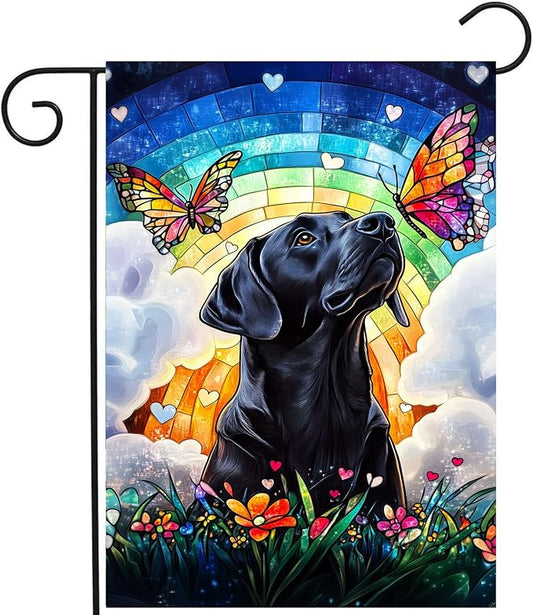 Stained Glass Black Lab Garden Flag for Outside 12x18 Double Sided Small Rainbow Bridge Labrador Dog Memorial Yard Banners Bereavement Pet Sympathy Gift