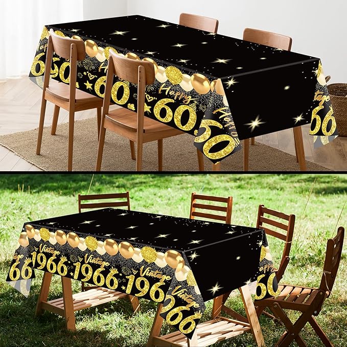 2pcs 60th Birthday Tablecloth, Black Gold 60th Birthday Decorations for Men Women Vintage 1966 Table Cloth Plastic Rectangular Table Cover Happy 60 Anniversary Party Supplies