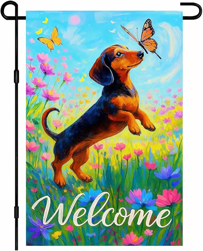 IVN Welcome Dachshund Garden Flag 12x18 Inch Double Sided Dog Butterfly Flower Outdoor Yard Flag for Home Front Door Lawn Porch Spring Decor