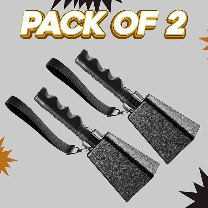 9" Metal Cowbells with Handle - (2 Pack) Cow Bells Loud Cheering Noise Makers for Sporting Events, Football Games, School Spirit, Rallies & Celebrations - Black Steel Percussion Music Instrument