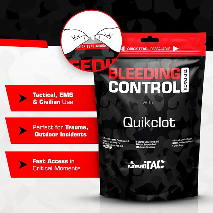 Bleeding Control Zip Pack with QuikClot, Celox, Gauze Pads, Triangular Bandage, BZK Wipes, Nitrile Gloves, Tape – Trauma First Aid Kit for Emergency Use