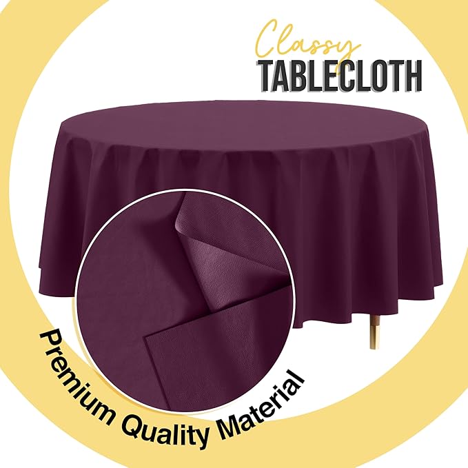 Exquisite 66% Thicker Premium Plum Round Tablecloth 0.5 Mil 6 Pack Plastic Table Cloth Disposable 84 Inch Round Plastic Tablecloth Won't Tear Easily Like Cheap Thin Brands